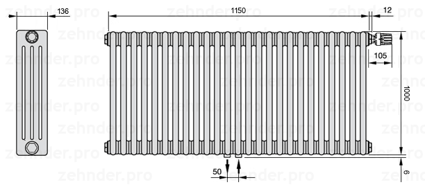 Схема (чертеж) Радиатор Zehnder Charleston 4100/25 №V008 Белый глянцевый RAL 9016